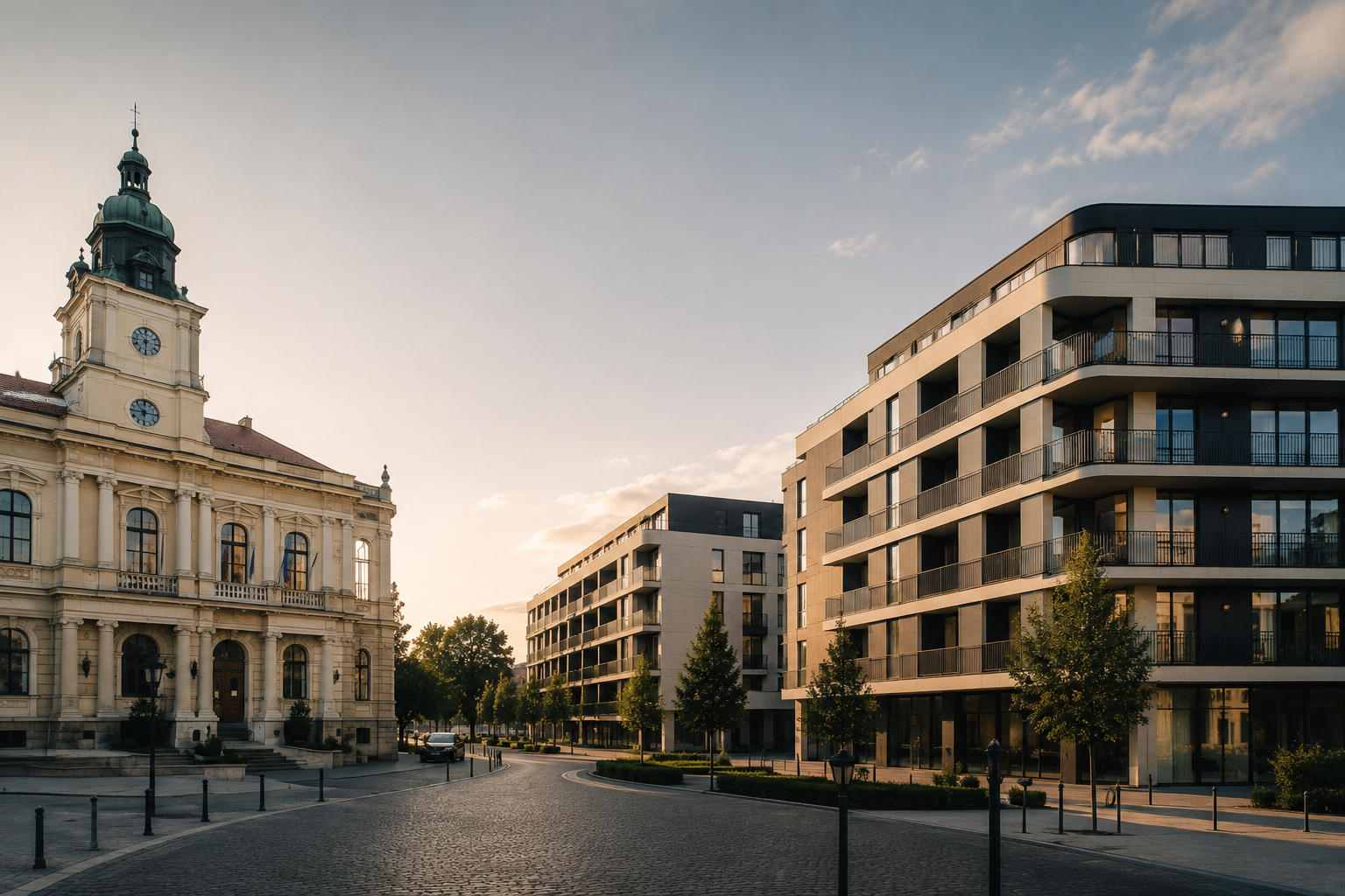 Městský development a historická budova při západu slunce